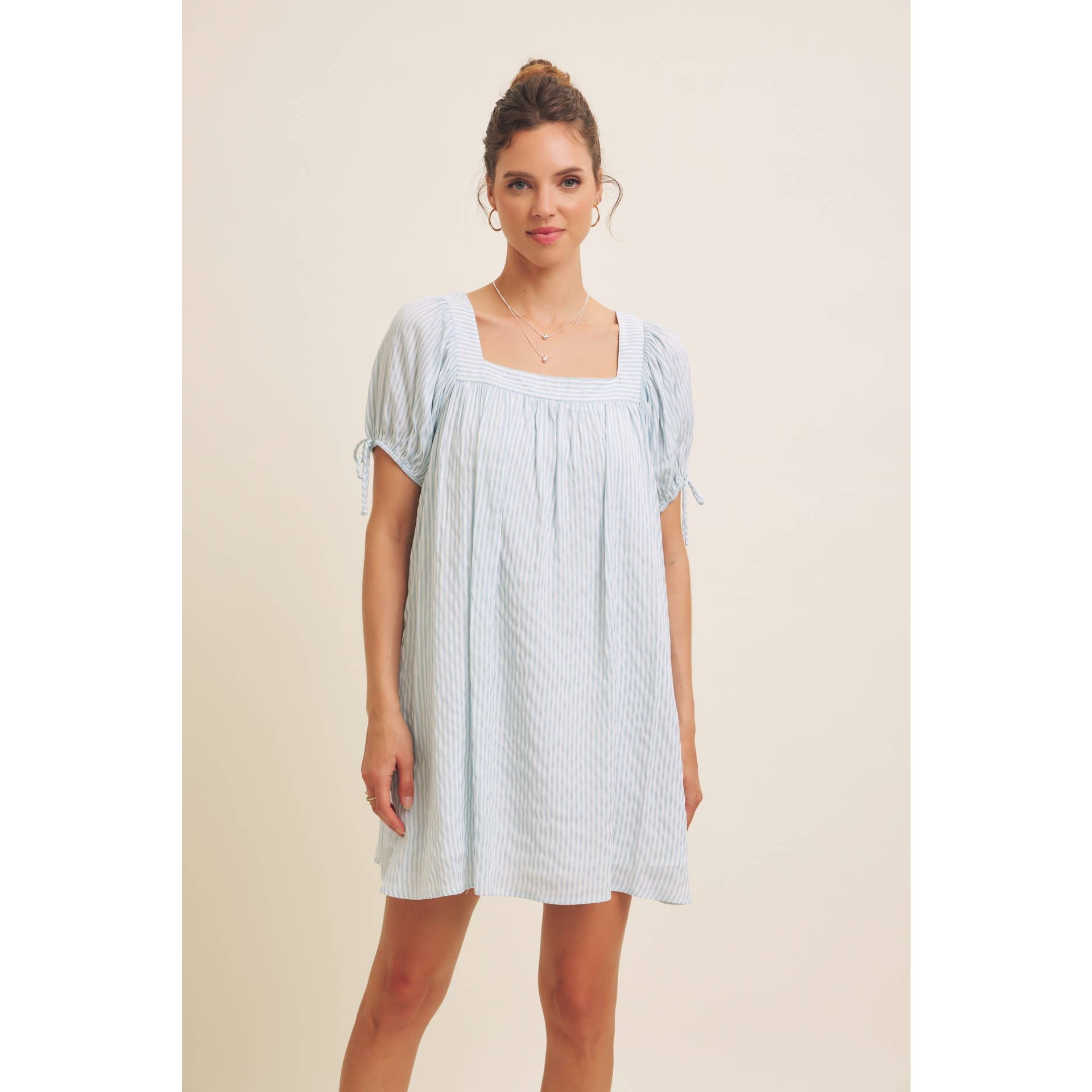 in february - Wholesale Dress - Women's - SQUARE NECK STRIPE FLARE MINI DRESS WITH BOW ON THE SLEEVES16