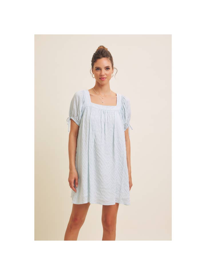 in february - Wholesale Dress - Women's - SQUARE NECK STRIPE FLARE MINI DRESS WITH BOW ON THE SLEEVES16