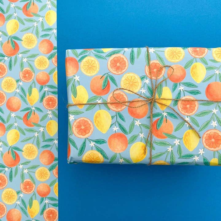 Orange and Lemon recyclable wrapping paper for wholesale by Sofia Papa Designs