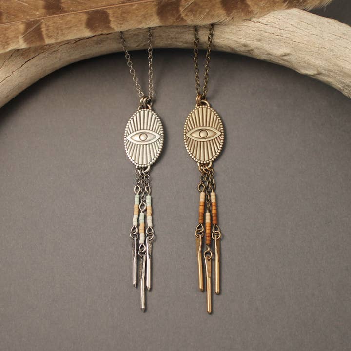 Seeing eye necklace in silver or brass with beads for wholesale by Crow Jane Jewelry
