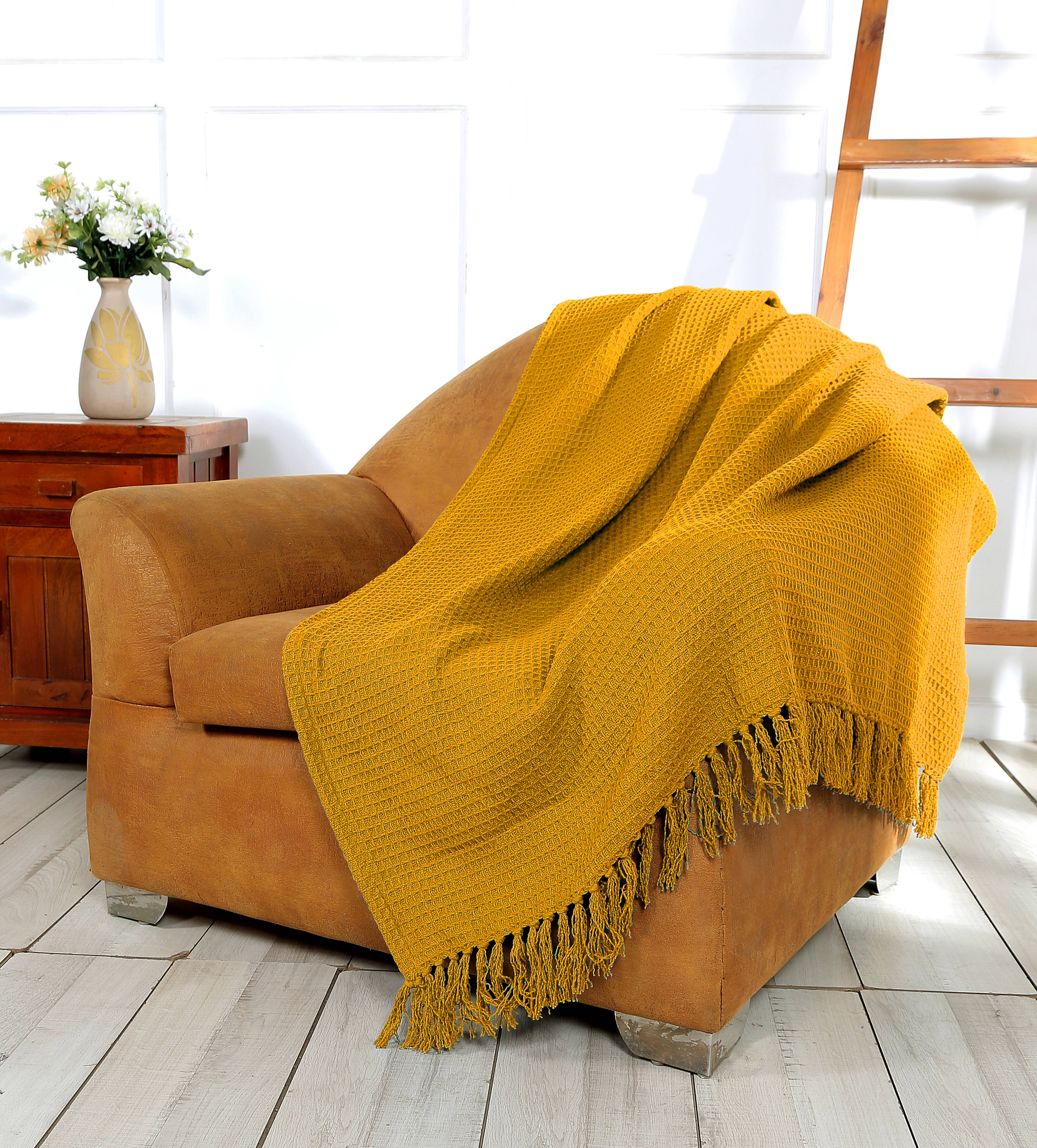 COZY HOMES COLLECTION - Wholesale Throw Blanket - Soft Cotton Waffle Weave Throw Blanket 70"x50" with Fringes1