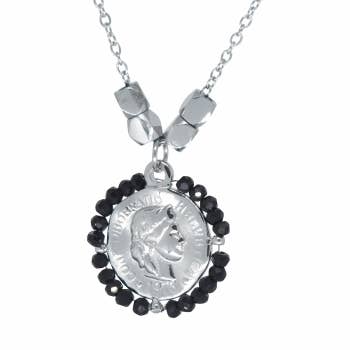 Colar com moeda rodeado por pedras pretas - aço inoxidável por atacado de Style Republic - Carsten Maletz
