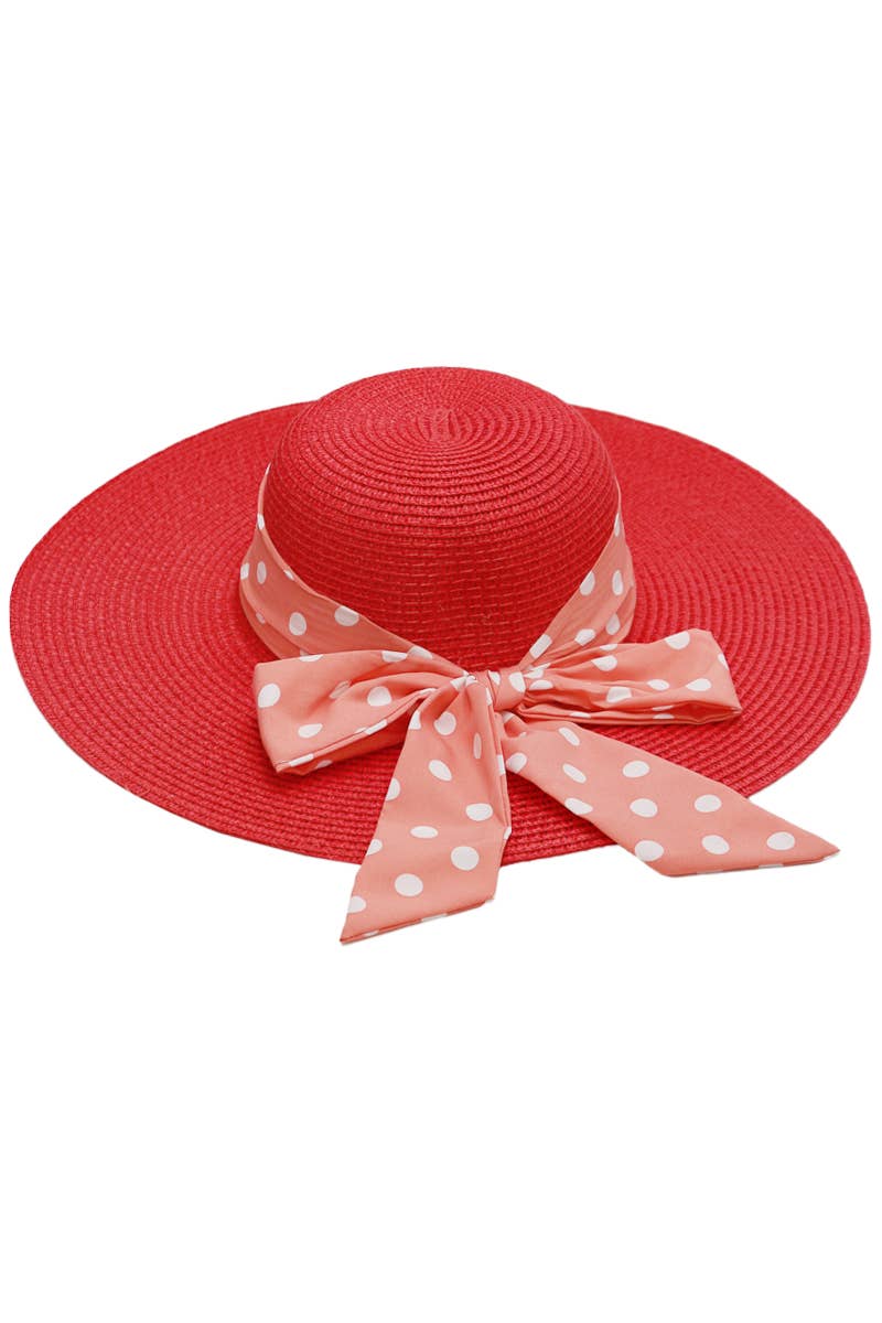 Cap Zone - Wholesale Straw Hat - Women's - Polka Dot Ribbon Tight Weave Straw Floppy Sun Hat10