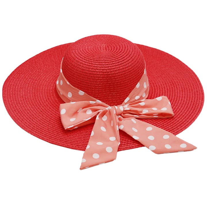Cap Zone - Wholesale Straw Hat - Women's - Polka Dot Ribbon Tight Weave Straw Floppy Sun Hat10