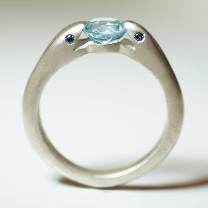 Double Headed Snake Ring in Sterling Silver with Aquamarine and London Blue Topaz for wholesale by Michelle Chang