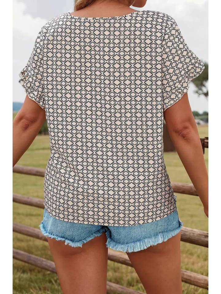 As shown Fashion-W Plus Size Geometric Print Ruffled Sleeve Blouse for wholesale on Faire