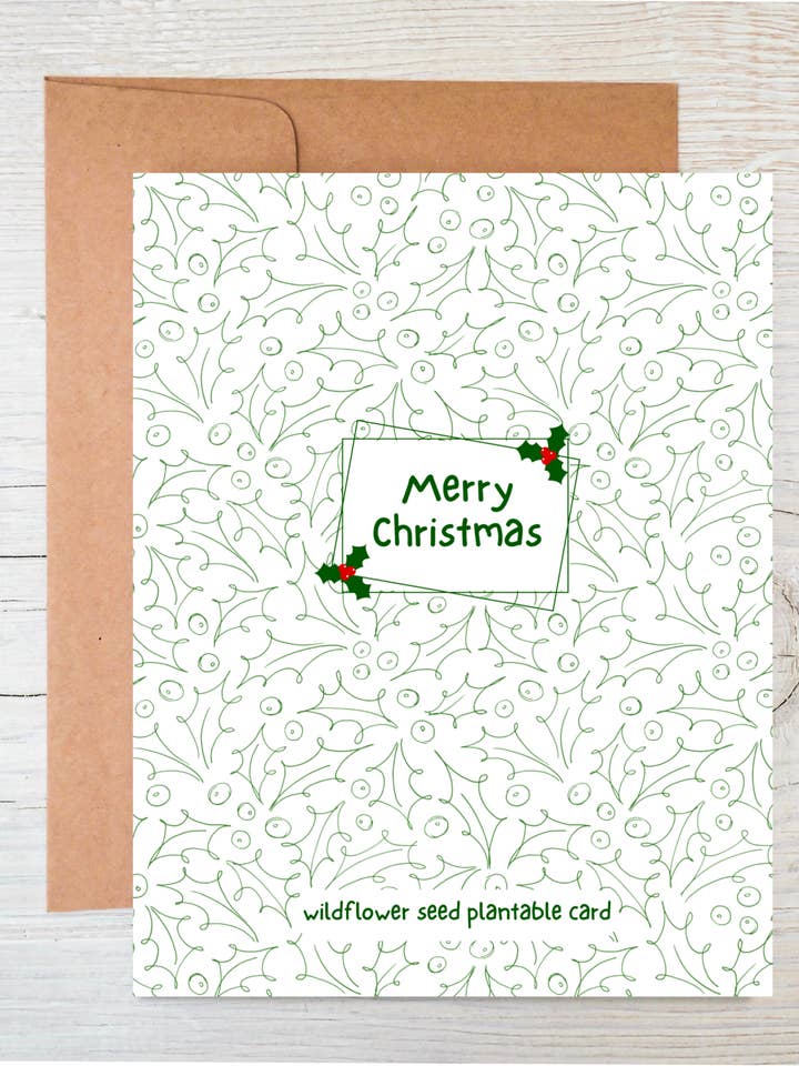 Plantable Christmas Card: Eco Friendly Card, Holly for wholesale by The Raven’s Edge Studio