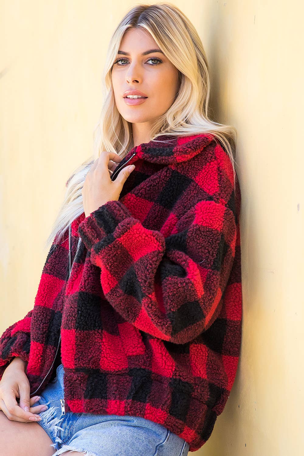 RED BLACK PLAID CHECKER ZIPPED JACKET for wholesale on Faire12