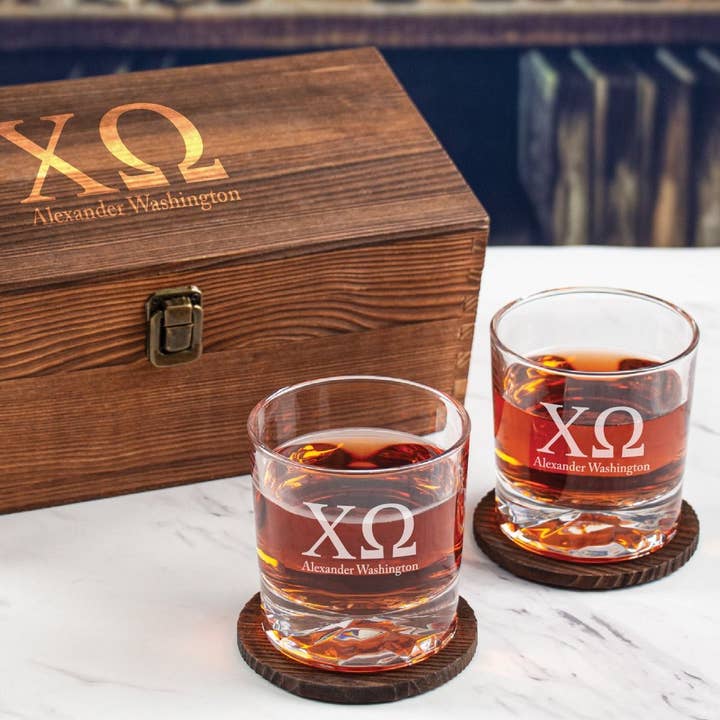 MB Brands Inc – wholesale Cocktail/liquor glass – Chi Omega Custom Engraved Personalized Whiskey Glasses In Wood Gift Box2