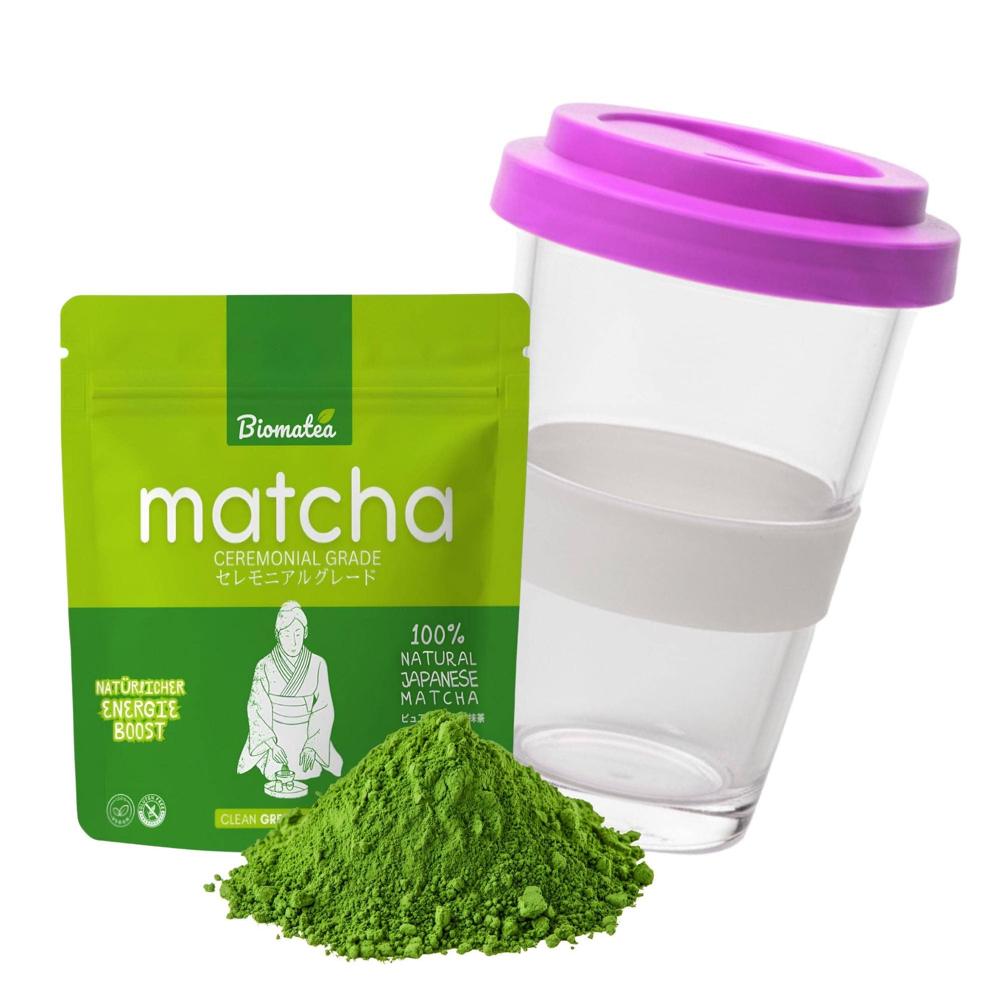 Biomatea - Wholesale Health/Detox Tea - Swiss made Matcha 2 go glass cup with 50g ceremonial Matcha powder from Kagoshima, Japan2