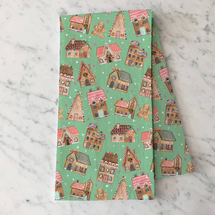 Christmas Gingerbread Houses Tea Towel - Holiday Kitchen for wholesale by KelseyMDesigns