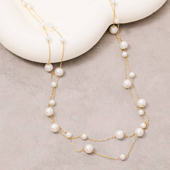 Stainless Steel Pearl Station Beads Layered Chain Necklace for wholesale by The Looks by Fame Accessories