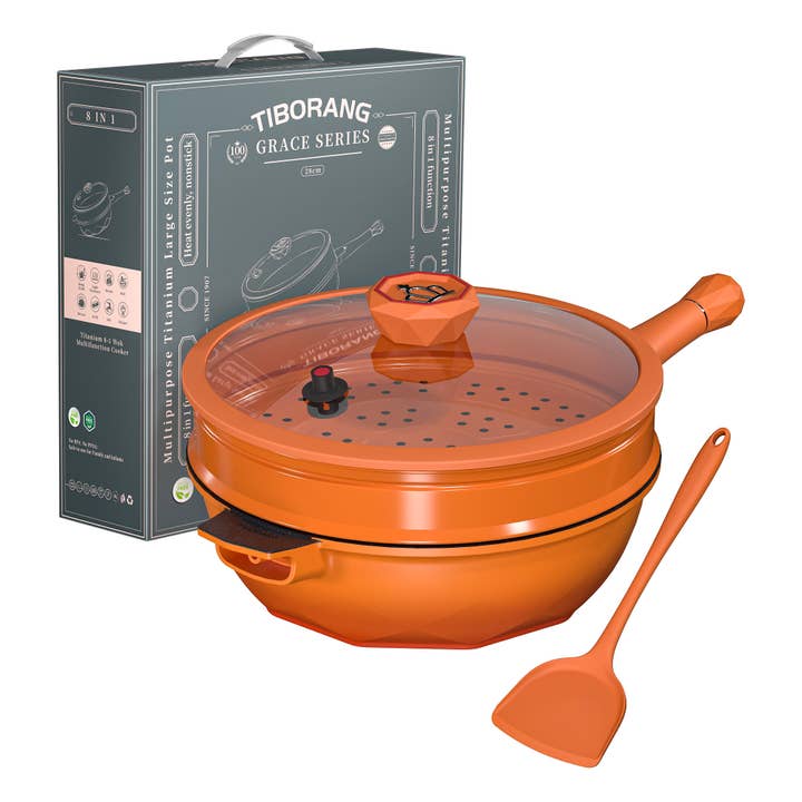 Tangerine Tiborang 11" Nonstick Frying Pan 8-in-1 Wok Pan(Tangerine) for wholesale on Faire