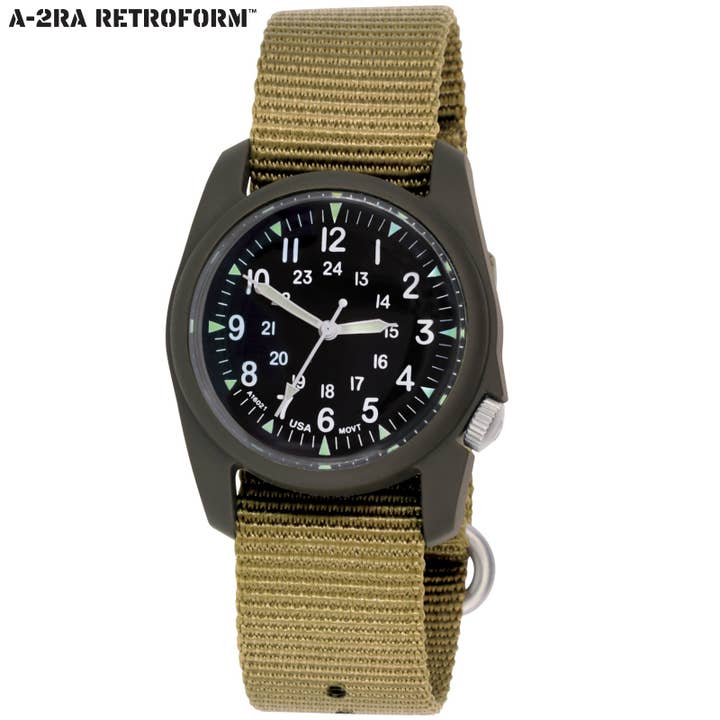 A-2RA RETROFORM Sort urskive med KHAKI nylonrem for engroshandel hos Bertucci