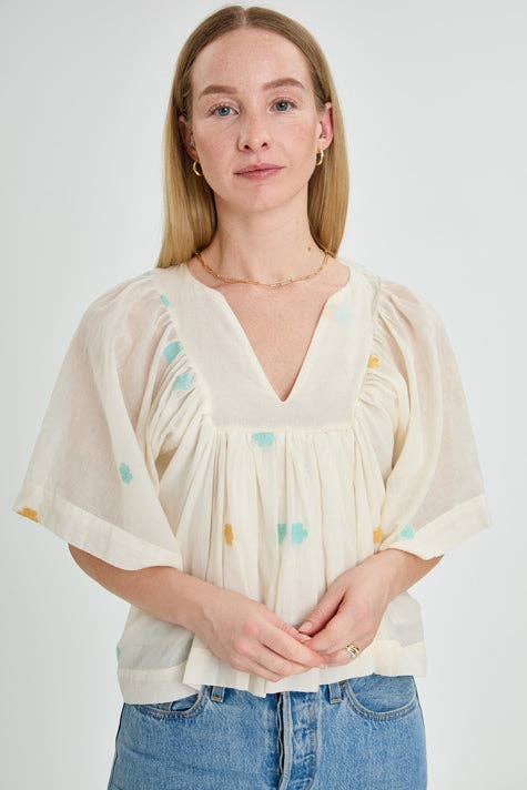 Thuli - Wholesale Blouse - Women's - White Cotton Flared sleeve Top – Multicolor Floral details-Peony0