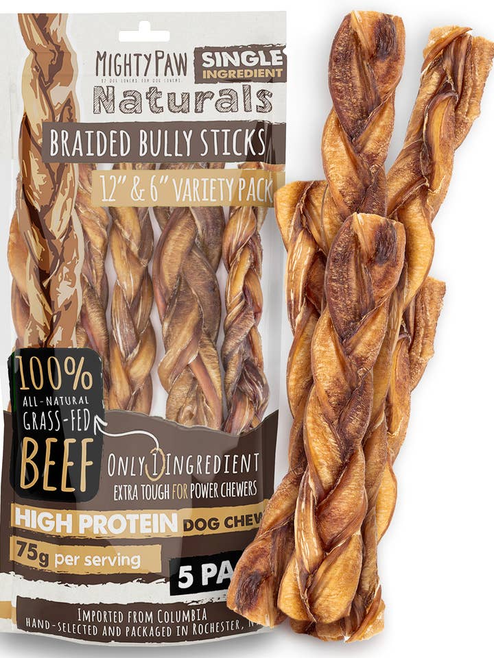 Braided Bully Sticks for Large Dogs and Medium Pets (5 Pack) for wholesale by Mighty Paw