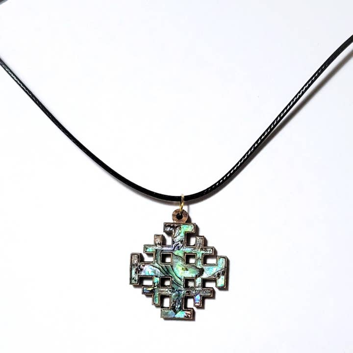 Eclectic Woodchuck - Wholesale Pendant/Charm Necklace - Jerusalem Cross Abalone and Olive Wood Pendant