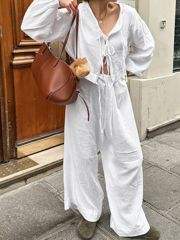 CWSPJ0095_ENSEMBLE DE PYJAMA À LACETS À MANCHES LONGUES pour la vente par NINEXIS