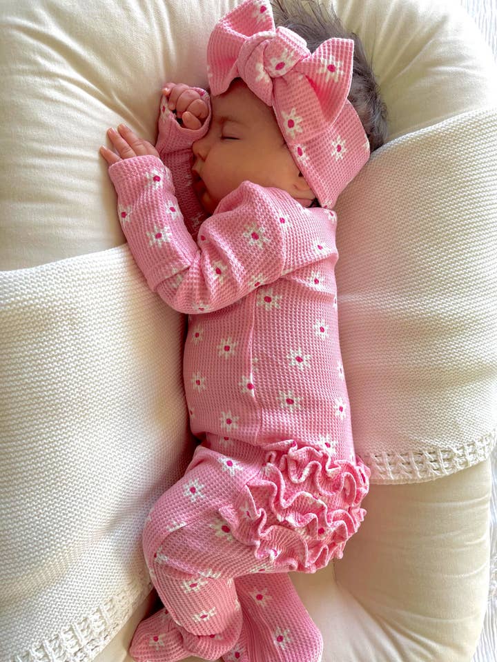 SpearmintLOVE - Wholesale Jumpsuit - Baby - Organic Waffle 2-Way Zip Ruffle Footie, Pink Flower2