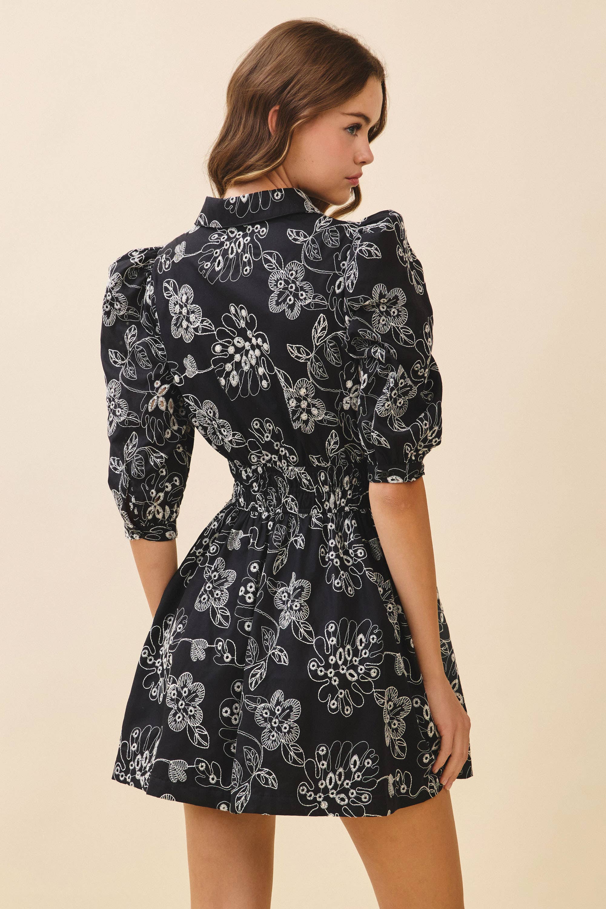 Black CD06298-Floral Print Collared Neck Elastic Waist Dress for wholesale on Faire3