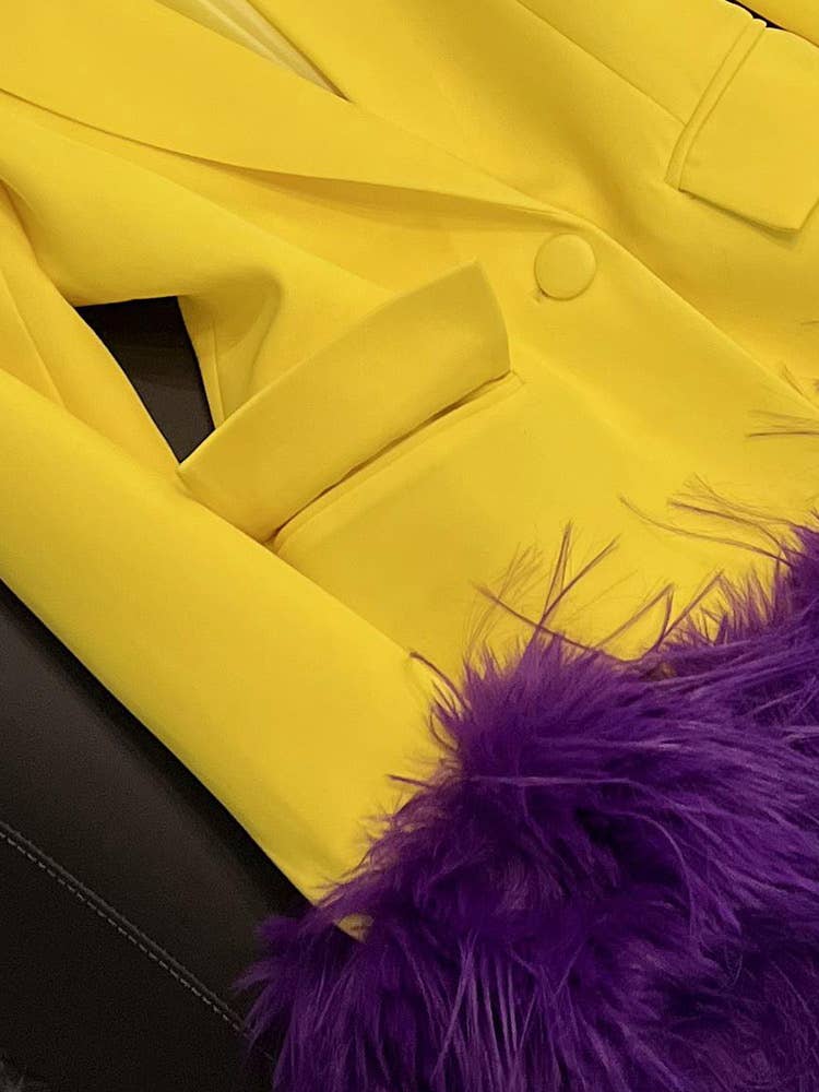 SY372 Yellow Blazer with Purple Feather Cuffs for wholesale on Faire7