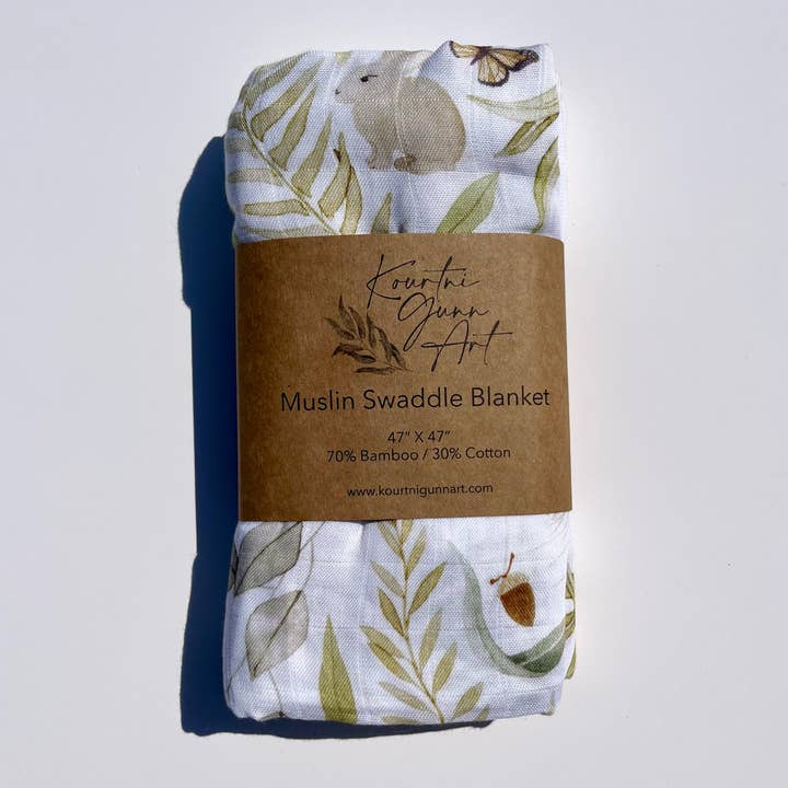 Woodland Baby Blanket | Forest Muslin Swaddle Blanket for wholesale by Kourtni Gunn Art