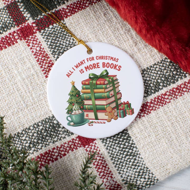 More Books For Christmas Circle Ceramic Ornament for wholesale by Lucky Luna Apparel