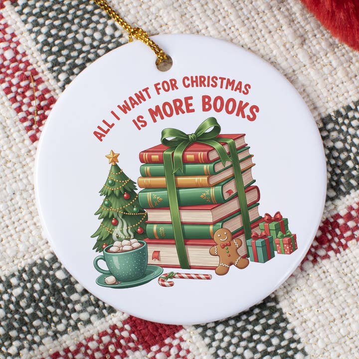 More Books For Christmas Circle Ceramic Ornament for wholesale by Lucky Luna Apparel