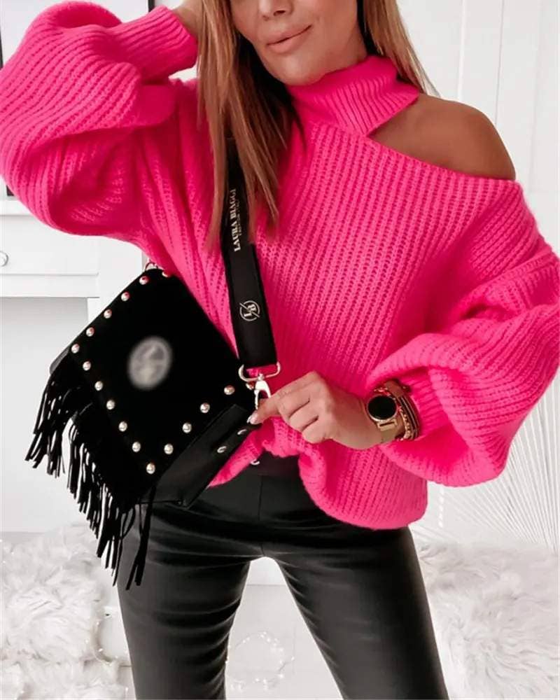 Queen Fashion - Wholesale Pullover-trui - Dames - Grof gebreide trui met lantaarnmouwen en koude schouders4