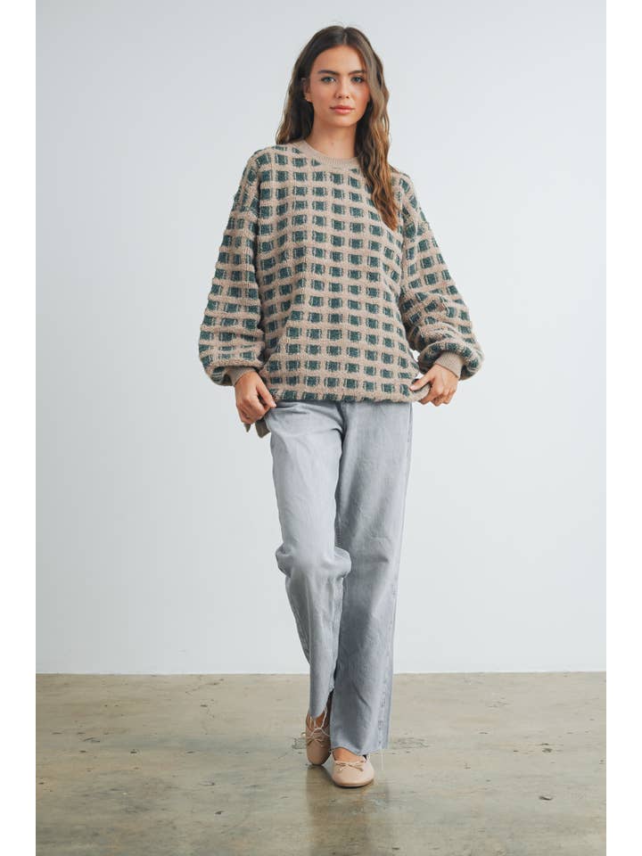 BUTTERMELON - Wholesale Knit Sweater - Women's - Checkered Oversized Sweater - BMW741929