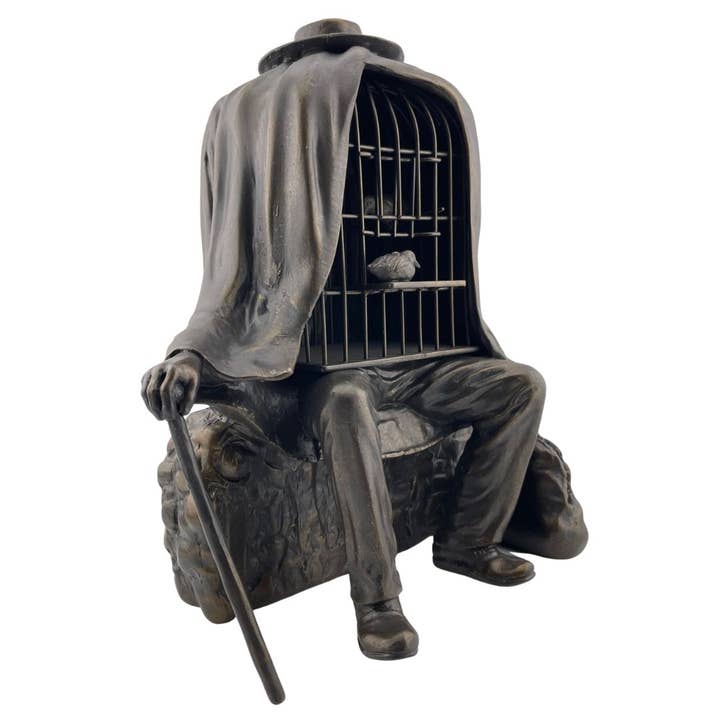 Museum Wholesale Inc - Wholesale Sculpture - Magritte Healer (le Therapeute) Man with Birdcage Body Seated on Rock Surrealism Statue 7.75H3