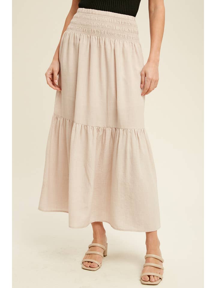 Champagne Smocked Waist Tiered Midi Skirt for wholesale on Faire