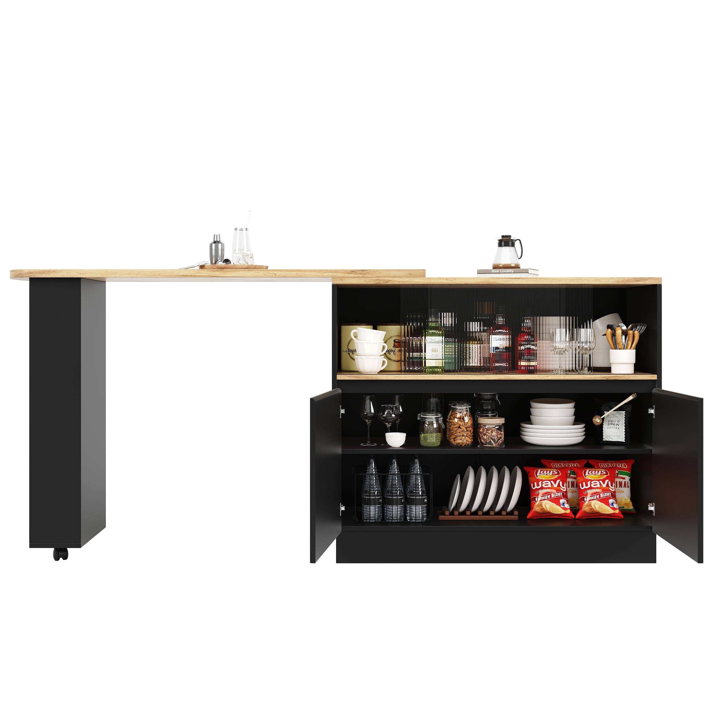 Urban Meuble - Wholesale Sideboard - Wood-effect and black bar table with 360° swivel storage and corrugated glass TINPLATE20