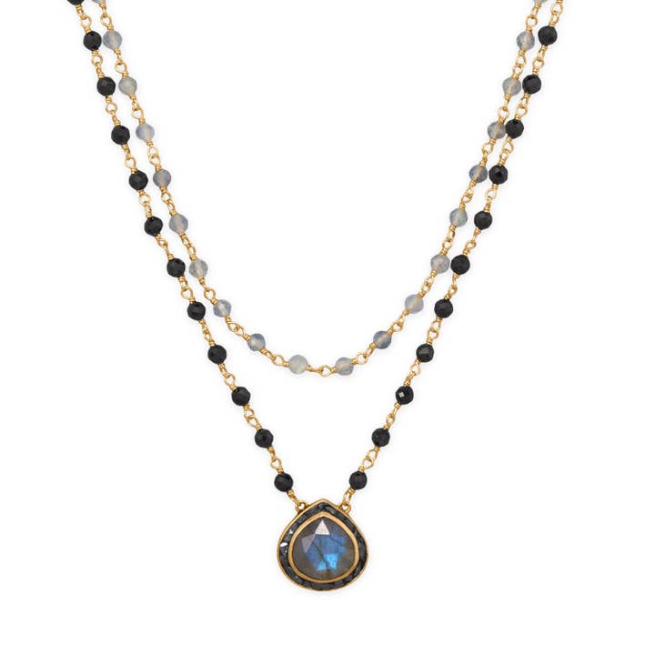 19"/20" + 2" Gold Plated Labradorite and Black Onyx Necklace for wholesale by Silver Stars Collection