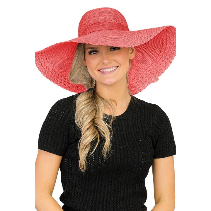 Cap Zone – wholesale Straw hat – women's – Scallop Hem Burlap Chiffon Bow Paper Straw Floppy Sun Hat10