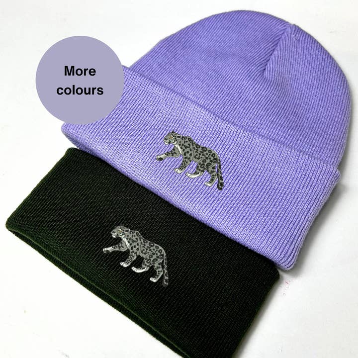 Snow Leopard embroidered beanie hat for wholesale by Thread and Needles Co
