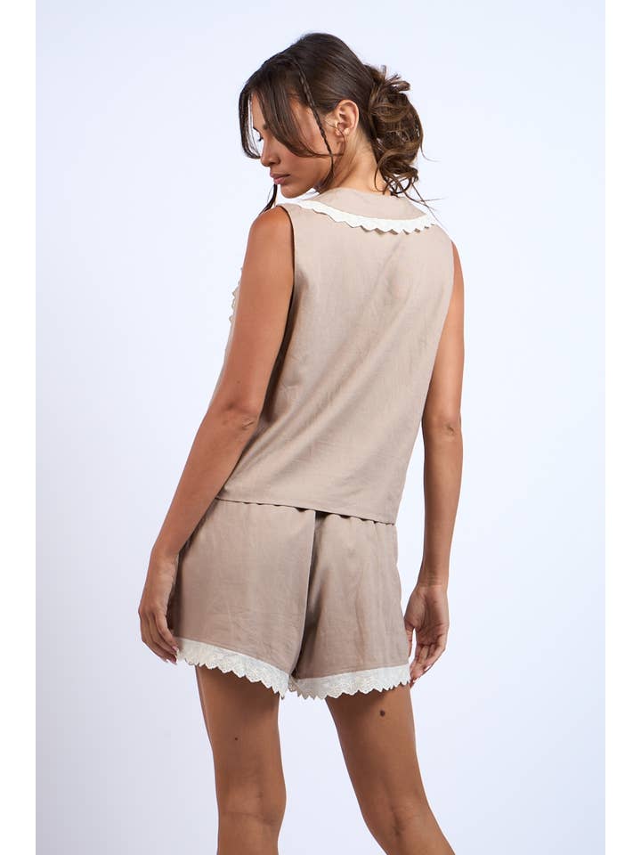 Sky to Moon - Wholesale Top & Short Set (NOT Loungewear) - Women's - WIDE COLLARED FRONT TIE LACE TRIM TOP & SHORTS SET3