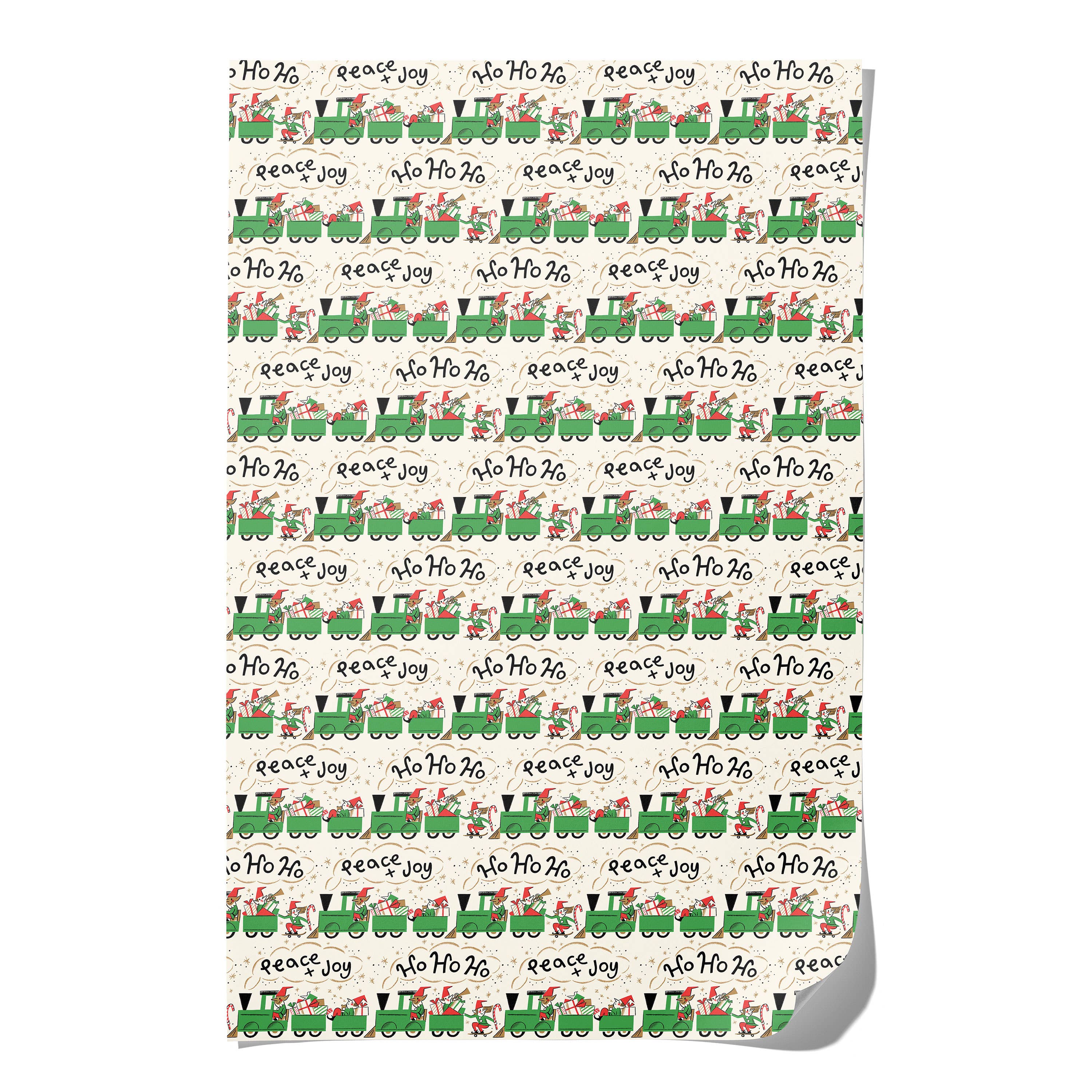 Red Cap Cards - Wholesale Flat Wrap - Elf Train holiday wrapping paper2