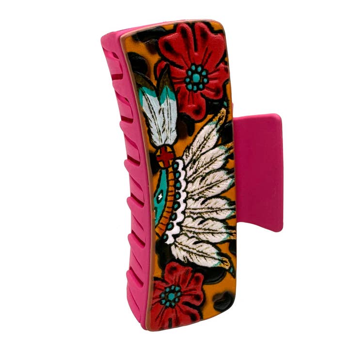 Lunar Deer - Wholesale Hair Clip - Women's - Chief Headdress Pink Western Leather Print Hair Claw