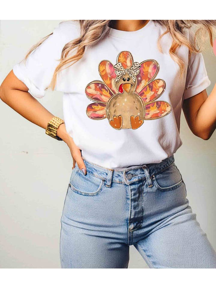 NVC Ecommerce LLC - Wholesale T-Shirt (Graphic) - Women's - Colorful Gold Glitter Turkey Sweatshirt, Thanksgiving Shirt1