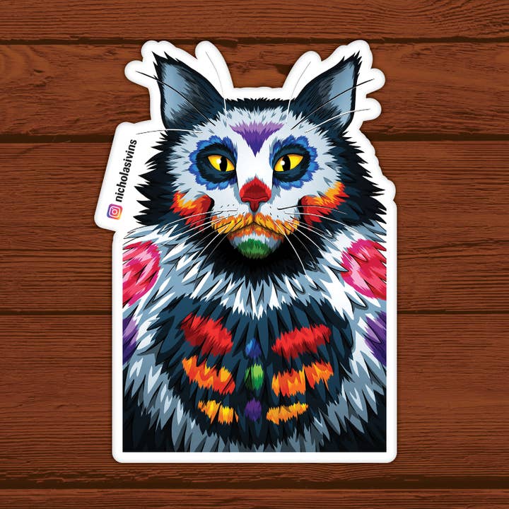 Day of the Dead Maine Coon Cat Sticker - “Montero” for wholesale by Nicholas Ivins Art & Illustration