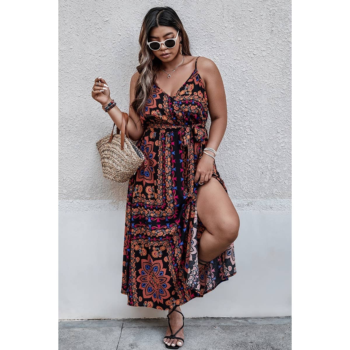 BLACK Plus Size Floral Belted Cami Boho Long Dress for wholesale on Faire3