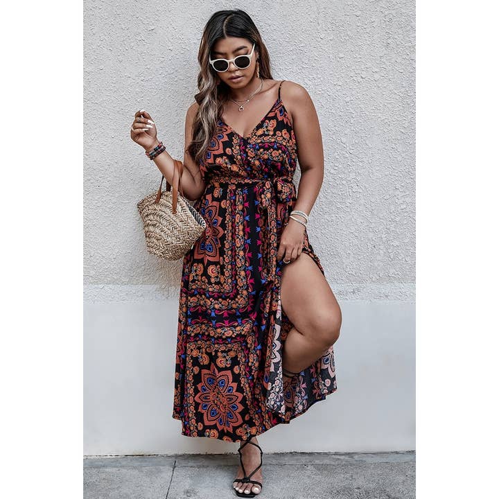 BLACK Plus Size Floral Belted Cami Boho Long Dress for wholesale on Faire3