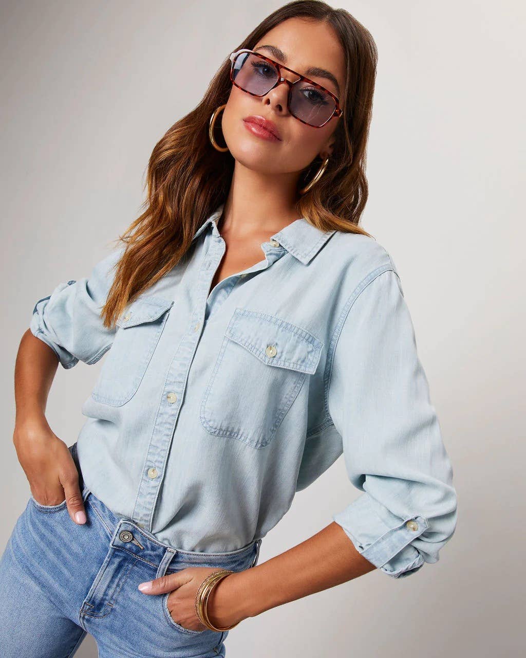 Hope & Sunshine – Camisa com botões no colarinho – Mulher por atacado – Camisa jeans casual feminina com botões19