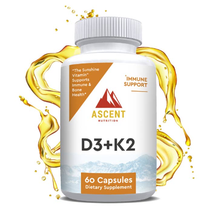 D3 + K2, 60 Capsules, 125 mcg D3 + 100 mcg K2 for wholesale by Ascent Nutrition