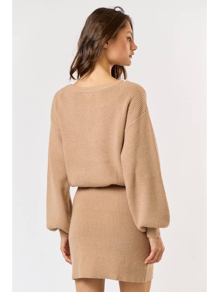 TAUPE ILD4191Â PEARL DETAIL BALLOON SLEEVE SWEATER MINI DRESS for wholesale on Faire