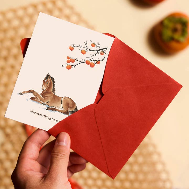 Year of the Horse Persimmons 柿柿如意 Greeting Card for wholesale by Overice
