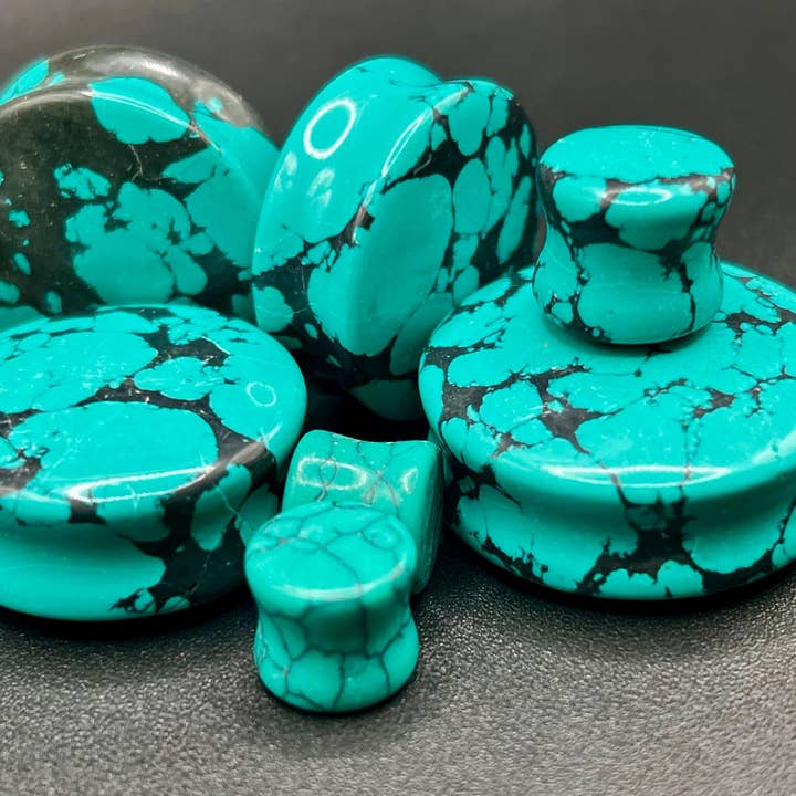 Turquoise Howlite Plugs - Gauges PAIR - Turquoise Blue and Black Gauges Marbled Color for wholesale by EC Plugs and Gems