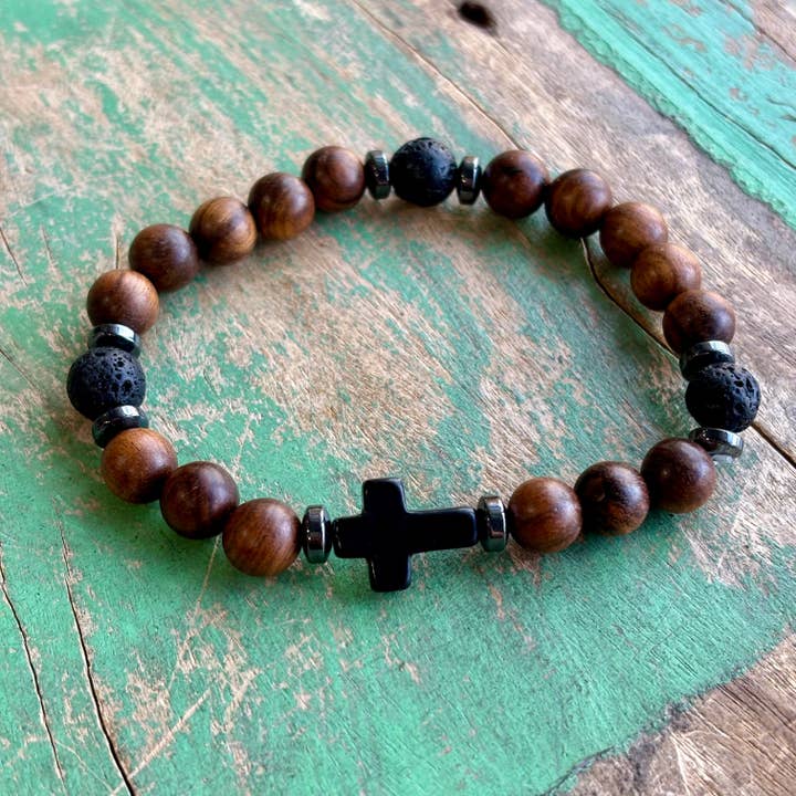 Love and Honor Jesus LLC - Wholesale Beaded Bracelet - Wood Lava Cross Bracelet