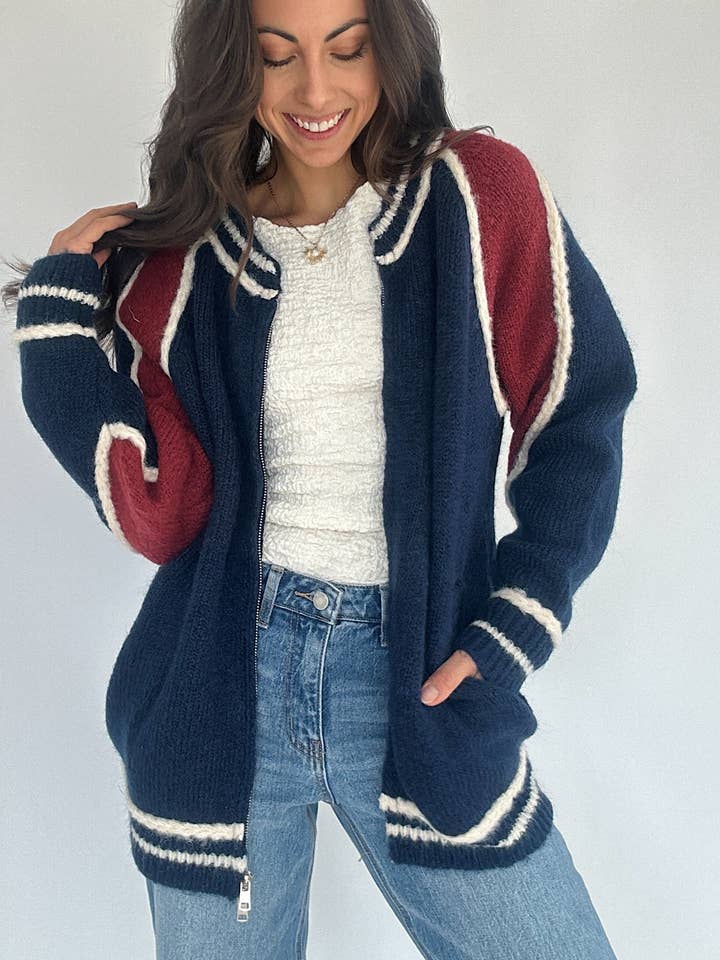 DARKBLUE Color-blocking patchwork woolen zipper jacket for wholesale on Faire3